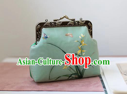 China Traditional Embroidered Green Silk Bag Suzhou Embroidery Orchids Handbag China Traditional Embroidered Green Silk Bag Suzhou Embroidery Orchids Handbag