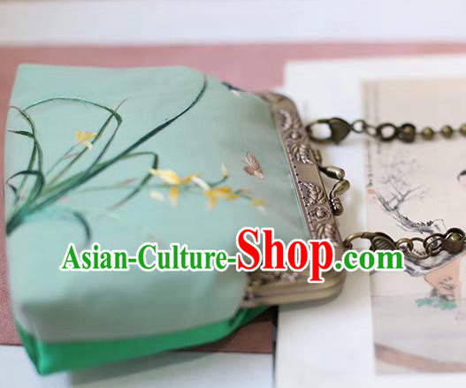 China Traditional Embroidered Green Silk Bag Suzhou Embroidery Orchids Handbag China Traditional Embroidered Green Silk Bag Suzhou Embroidery Orchids Handbag