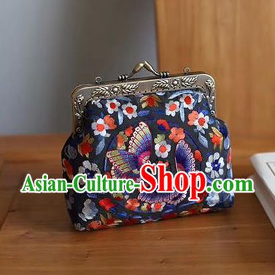 China Traditional Suzhou Embroidery Butterfly Handbag Embroidered Black Silk Bag