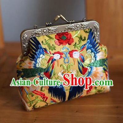 China Traditional Suzhou Embroidery Phoenix Peony Handbag Embroidered Golden Silk Bag