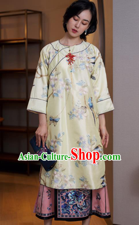 China Traditional Embroidered Light Yellow Cheongsam National Women Clothing Classical Silk Qipao Dress