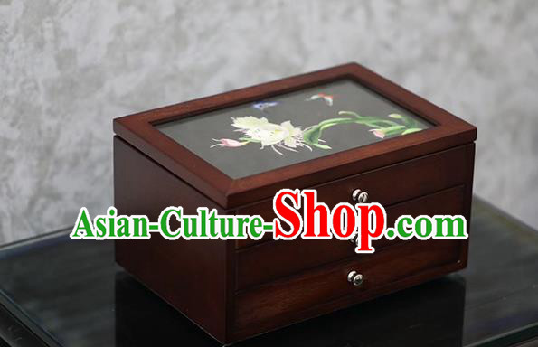 China Handmade Wood Three Layers Jewelry Box Traditional Embroidered Epiphyllum Jewel Case China Handmade Wood Three Layers Jewelry Box Traditional Embroidered Epiphyllum Jewel Case