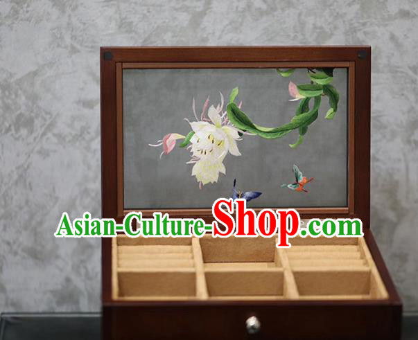 China Handmade Wood Three Layers Jewelry Box Traditional Embroidered Epiphyllum Jewel Case China Handmade Wood Three Layers Jewelry Box Traditional Embroidered Epiphyllum Jewel Case