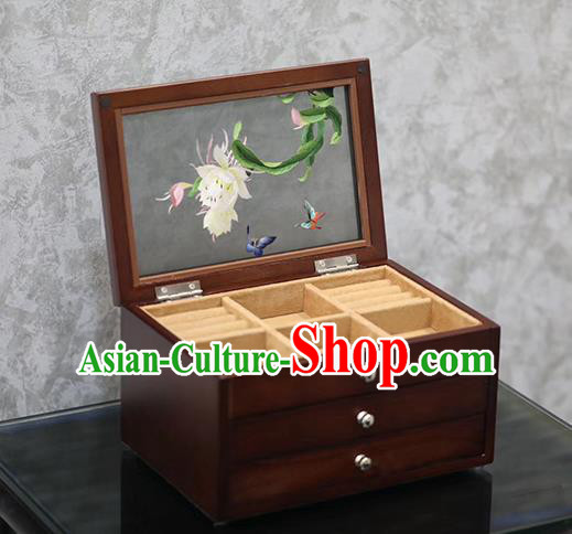China Handmade Wood Three Layers Jewelry Box Traditional Embroidered Epiphyllum Jewel Case China Handmade Wood Three Layers Jewelry Box Traditional Embroidered Epiphyllum Jewel Case