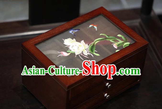 China Handmade Wood Three Layers Jewelry Box Traditional Embroidered Epiphyllum Jewel Case China Handmade Wood Three Layers Jewelry Box Traditional Embroidered Epiphyllum Jewel Case