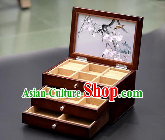 China Handmade Three Layers Jewelry Box Traditional Embroidered Mangnolia Wood Jewel Case