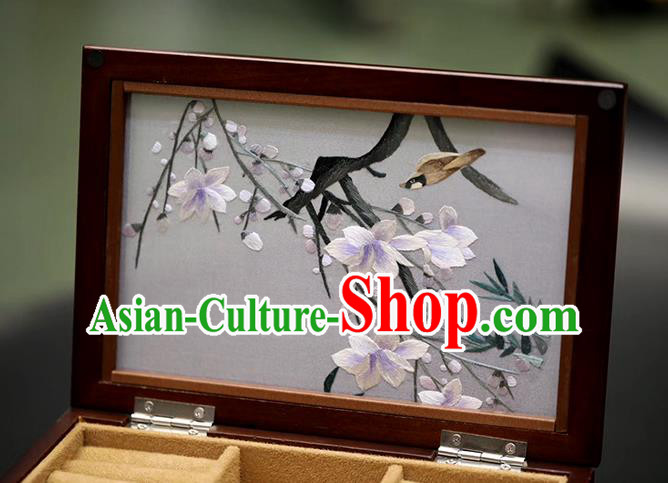 China Handmade Three Layers Jewelry Box Traditional Embroidered Mangnolia Wood Jewel Case