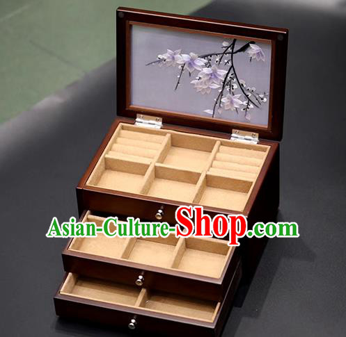 China Handmade Three Layers Jewelry Box Traditional Embroidered Mangnolia Wood Jewel Case