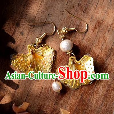 China Handmade Suzhou Embroidery Earrings Traditional Embroidered Ginkgo Leaf Ear Accessories