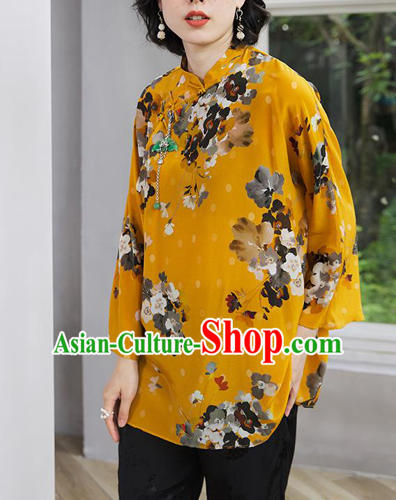 Chinese Traditional Printing Yellow Blouse Tang Suit Upper Outer Garment Classical Shirt Chinese Traditional Printing Yellow Blouse Tang Suit Upper Outer Garment Classical Shirt