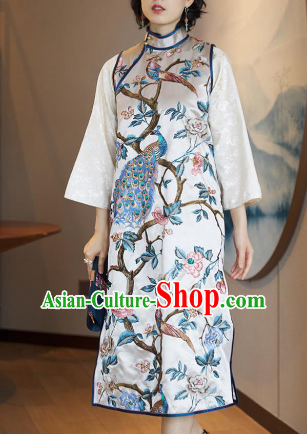 China Traditional Embroidered Peacock Sleeveless Cheongsam National Women Clothing Classical White Silk Qipao Dress China Traditional Embroidered Peacock Sleeveless Cheongsam National Women Clothing Classical White Silk Qipao Dress