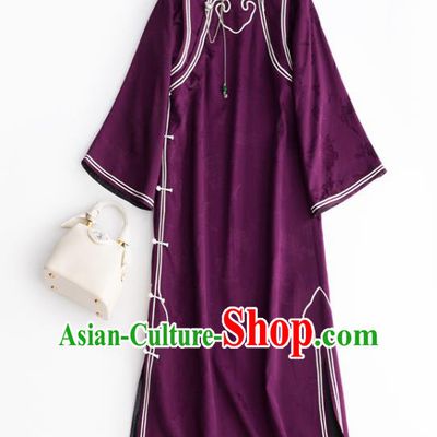 China Traditional Purple Satin Cheongsam National Women Clothing Classical Retro Qipao Dress