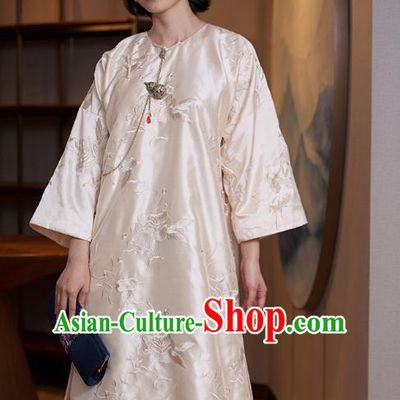 China Traditional Embroidered Beige Cheongsam Classical Qipao Dress National Women Clothing