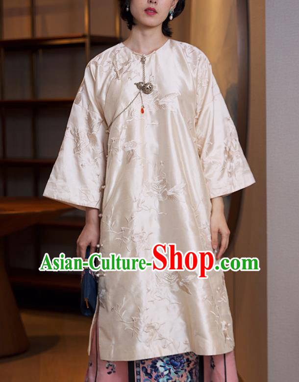 China Traditional Embroidered Beige Cheongsam Classical Qipao Dress National Women Clothing China Traditional Embroidered Beige Cheongsam Classical Qipao Dress National Women Clothing