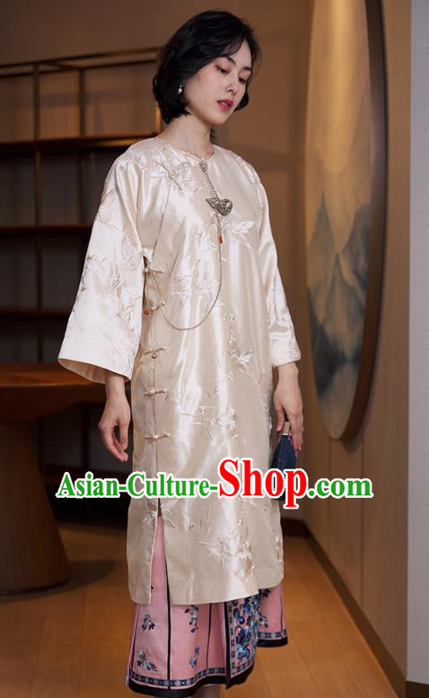 China Traditional Embroidered Beige Cheongsam Classical Qipao Dress National Women Clothing China Traditional Embroidered Beige Cheongsam Classical Qipao Dress National Women Clothing