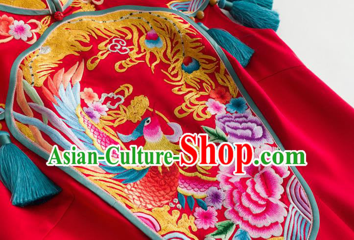 China National Women Wedding Clothing Traditional Long Cheongsam Classical Embroidered Red Satin Qipao Dress