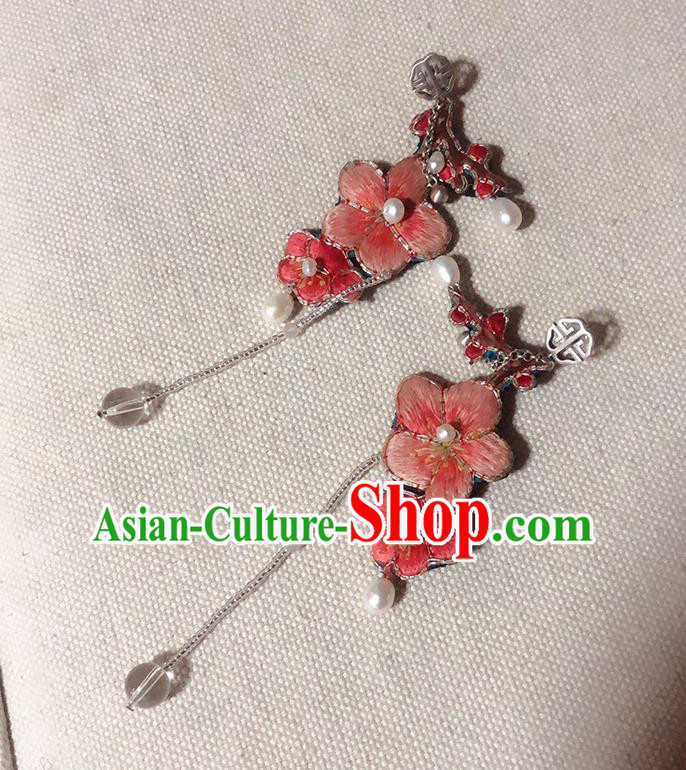China Traditional Hanfu Embroidered Plum Blossom Earrings Tassel Ear Accessories China Traditional Hanfu Embroidered Plum Blossom Earrings Tassel Ear Accessories
