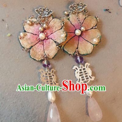 China Traditional Hanfu Embroidered Peach Blossom Earrings Rose Quartz Ear Accessories