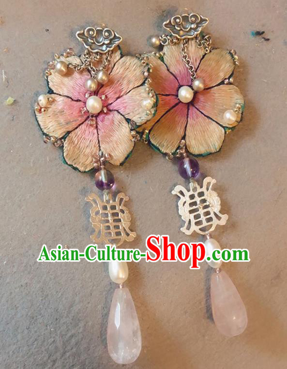 China Traditional Hanfu Embroidered Peach Blossom Earrings Rose Quartz Ear Accessories China Traditional Hanfu Embroidered Peach Blossom Earrings Rose Quartz Ear Accessories