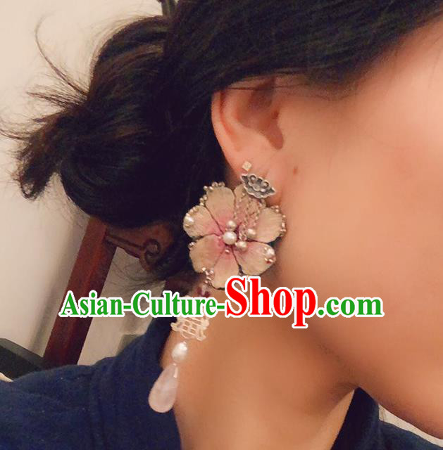 China Traditional Hanfu Embroidered Peach Blossom Earrings Rose Quartz Ear Accessories China Traditional Hanfu Embroidered Peach Blossom Earrings Rose Quartz Ear Accessories