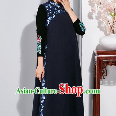 China Traditional Women Classical Flax Dress National Qipao Clothing Tang Suit Embroidered Navy Cheongsam