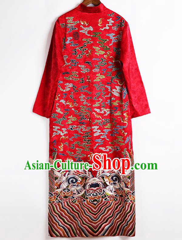 Chinese Tang Suit Dust Coat National Outer Garment Embroidered Red Brocade Costume Chinese Tang Suit Dust Coat National Outer Garment Embroidered Red Brocade Costume