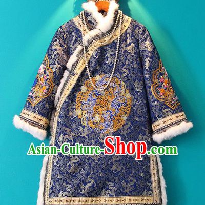 Chinese Tang Suit Royalblue Cotton Padded Jacket Embroidered Coat National Outer Garment