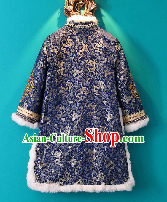 Chinese Tang Suit Royalblue Cotton Padded Jacket Embroidered Coat National Outer Garment