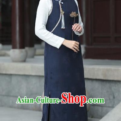 China Tang Suit Navy Vest Cheongsam Traditional Women Classical Dress National Qipao Clothing