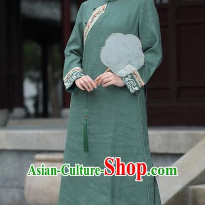 China Tea Culture Clothing Tang Suit Green Flax Cheongsam Traditional Women Classical Embroidered Dress National Qipao