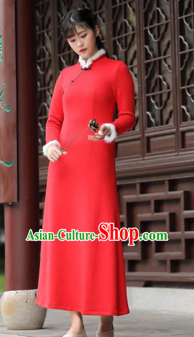 China National Winter Qipao Clothing Tang Suit Cheongsam Traditional Women Classical Red Woolen Dress