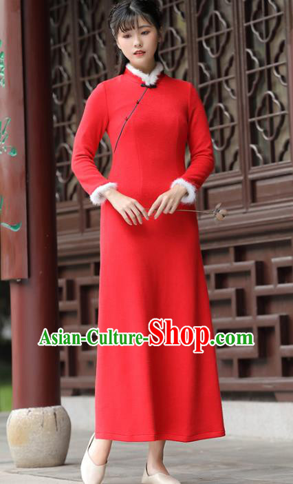 China National Winter Qipao Clothing Tang Suit Cheongsam Traditional Women Classical Red Woolen Dress