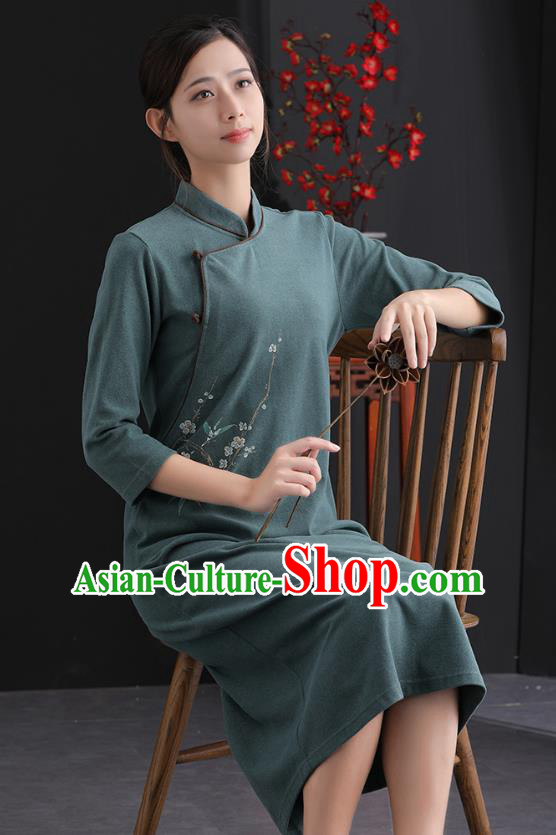 China National Qipao Traditional Women Classical Dress Clothing Tang Suit Dark Green Cheongsam China National Qipao Traditional Women Classical Dress Clothing Tang Suit Dark Green Cheongsam