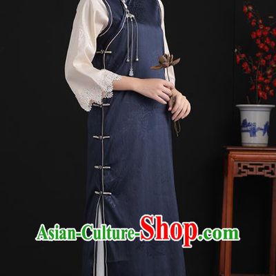 China Tang Suit National Qipao Clothing Traditional Women Classical Dress Navy Silk Cheongsam