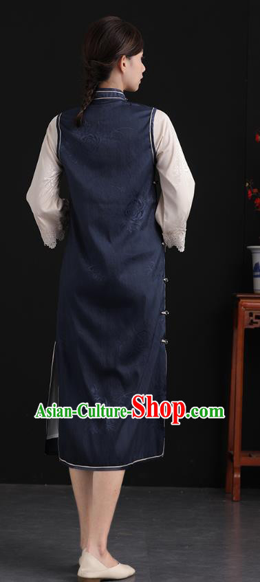 China Tang Suit National Qipao Clothing Traditional Women Classical Dress Navy Silk Cheongsam China Tang Suit National Qipao Clothing Traditional Women Classical Dress Navy Silk Cheongsam