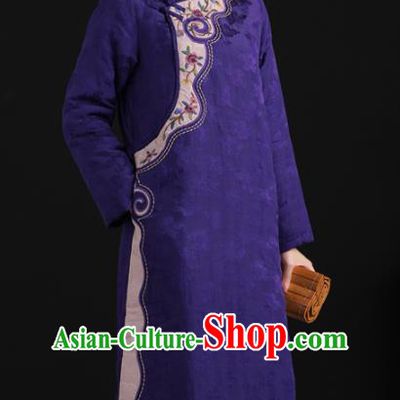 Top China Tang Suit Embroidered Clothing National Qipao Traditional Women Classical Dress Purple Flax Cheongsam