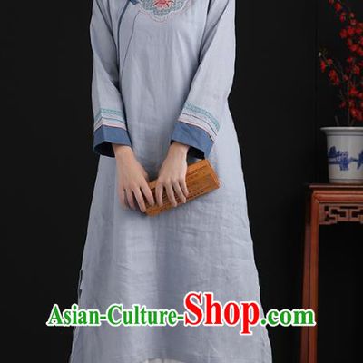 Top China Embroidered Blue Flax Cheongsam Clothing Traditional Women Classical Dress Tang Suit National Qipao