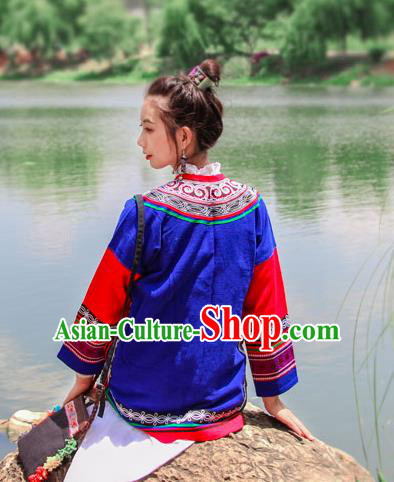 Chinese Tang Suit Upper Outer Garment Yunnan National Costume Embroidered Royalblue Flax Jacket