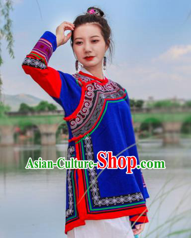 Chinese Tang Suit Upper Outer Garment Yunnan National Costume Embroidered Royalblue Flax Jacket