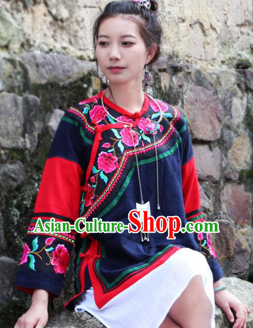 Chinese Yunnan Ethnic Costume Embroidered National Navy Flax Jacket Tang Suit Upper Outer Garment Chinese Yunnan Ethnic Costume Embroidered National Navy Flax Jacket Tang Suit Upper Outer Garment