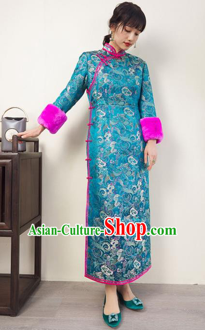 China Traditional Classical Winter Cheongsam Women Clothing Blue Brocade Qipao Dress China Traditional Classical Winter Cheongsam Women Clothing Blue Brocade Qipao Dress
