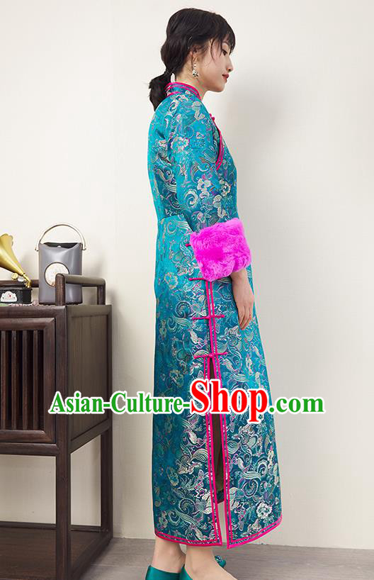 China Traditional Classical Winter Cheongsam Women Clothing Blue Brocade Qipao Dress China Traditional Classical Winter Cheongsam Women Clothing Blue Brocade Qipao Dress