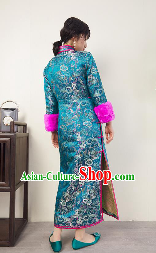 China Traditional Classical Winter Cheongsam Women Clothing Blue Brocade Qipao Dress China Traditional Classical Winter Cheongsam Women Clothing Blue Brocade Qipao Dress