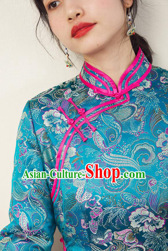 China Traditional Classical Winter Cheongsam Women Clothing Blue Brocade Qipao Dress China Traditional Classical Winter Cheongsam Women Clothing Blue Brocade Qipao Dress
