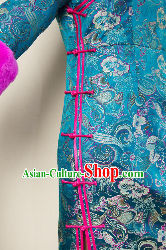 China Traditional Classical Winter Cheongsam Women Clothing Blue Brocade Qipao Dress China Traditional Classical Winter Cheongsam Women Clothing Blue Brocade Qipao Dress