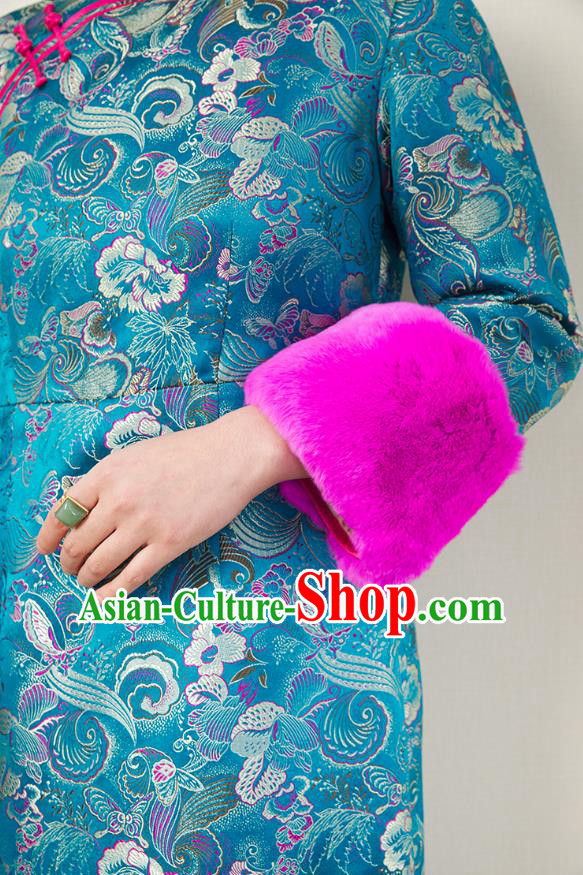 China Traditional Classical Winter Cheongsam Women Clothing Blue Brocade Qipao Dress China Traditional Classical Winter Cheongsam Women Clothing Blue Brocade Qipao Dress