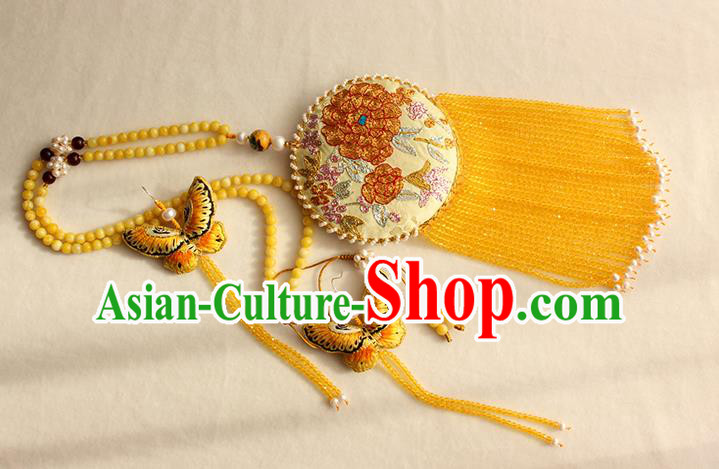 China Classical Yellow Beads Tassel Accessories Women Jewelry Handmade Traditional Embroidered Sachet Necklace China Classical Yellow Beads Tassel Accessories Women Jewelry Handmade Traditional Embroidered Sachet Necklace