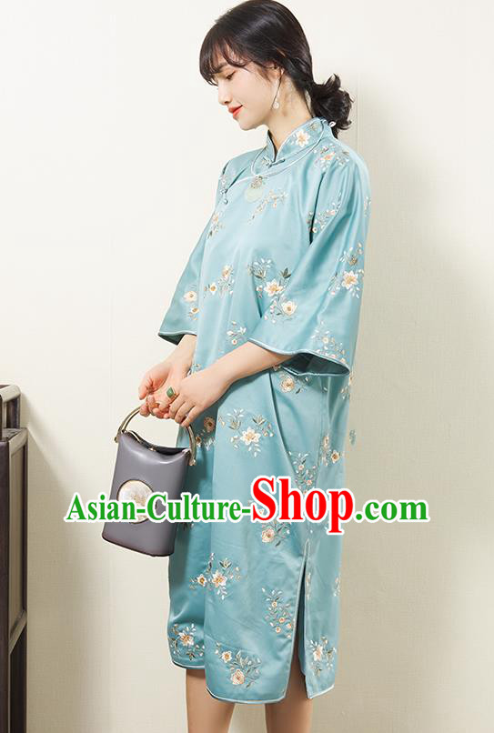 China Embroidered Light Blue Silk Qipao Dress Classical Cheongsam Traditional Women Clothing