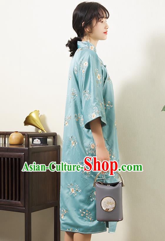 China Embroidered Light Blue Silk Qipao Dress Classical Cheongsam Traditional Women Clothing