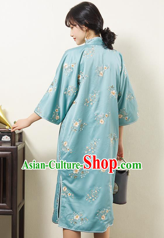 China Embroidered Light Blue Silk Qipao Dress Classical Cheongsam Traditional Women Clothing